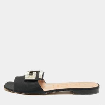 Pre Owned Gucci Black Canvas Crystal G Flat Sandals Size 39