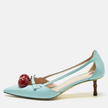 Gucci Blue Leather Unia Cherry Bamboo Pumps Size 40
