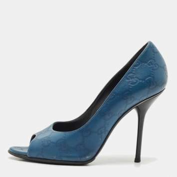 Pre Owned Gucci Blue Guccissima Leather Peep Toe Pumps Size 36