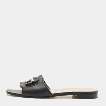 Gucci Black Leather Interlocking G Cut Out Flat Slides Size 38.5