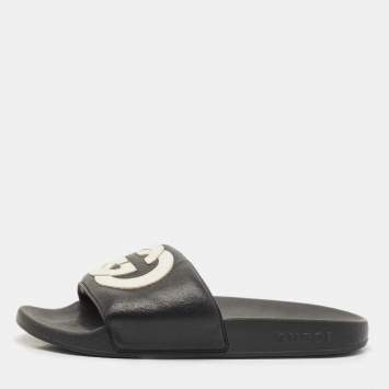 Pre Owned Gucci Black Rubber GG Logo Pool Slides Size 38