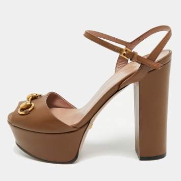 Gucci Brown Leather Claudie Ankle Strap Platform Sandals Size 35.5