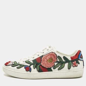 Pre Owned Gucci White Leather Floral Embroidered Ace Sneakers Size 38.5
