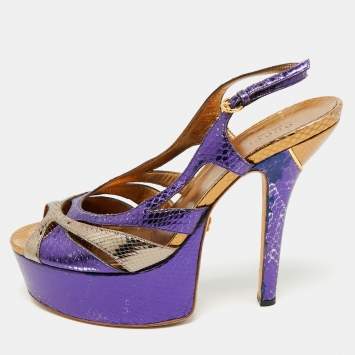 Pre Owned Gucci Blue/Gold Snakeskin Embossed Leather Ankle Strap Sandals Size 39.5