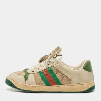 Gucci Beige/Brown Nubuck Leather and GG Canvas Screener Sneakers Size 39.5