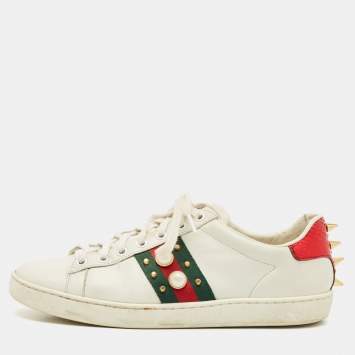 Pre Owned Gucci White Leather and Snakeskin Embossed Leather Ace Web Lace Up Sneakers Size 38