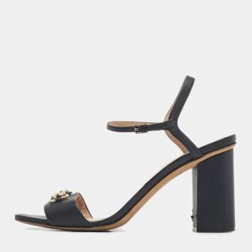 Pre Owned Gucci Black Leather Horsebit Ankle Strap Open Toe Block Heel Sandals Size 41