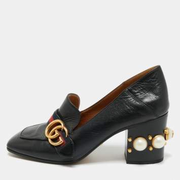 Pre Owned Gucci Black Leather Web GG Marmont Faux Pearl Embellished Loafer Pumps Size 37