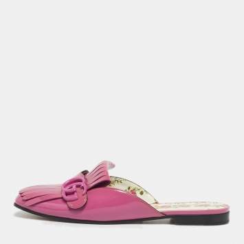 Pre Owned Gucci Purple Patent Leather GG Marmont Fringed Flat Mules Size 39.5