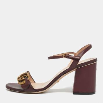 Pre Owned Gucci Burgundy Leather GG Marmont Ankle Strap Sandals Size 38