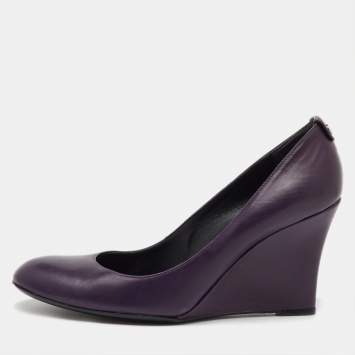 Pre Owned Gucci Purple Leather Wedge Round Toe Pumps Size 38.5