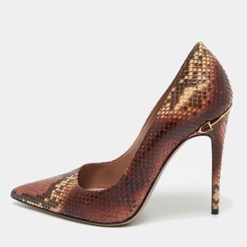 Pre Owned Gucci Brown/Cream Python Leather Pointed Toe Pumps Size 38