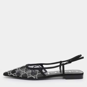 Pre Owned Gucci Black Suede and Mesh Crystal Embellished Slingback Pumps Size 37