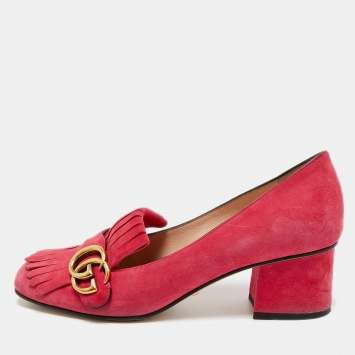 Pre Owned Gucci Light Pink Suede GG Marmont Fringe Block Heel Pumps Size 39
