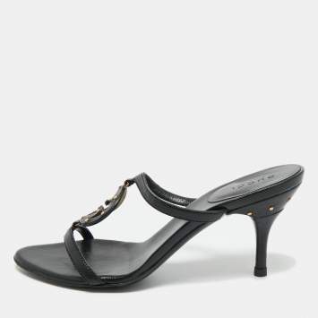 Pre Owned Gucci Black Leather GG Interlocking Slide Sandals Size 35.5