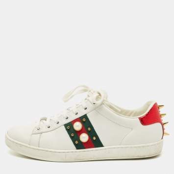 Pre Owned Gucci White Leather and Python Embossed Pearl Studded Ace Sneakers Size 38
