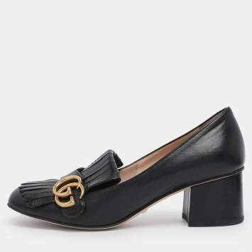 Pre Owned Gucci Black Leather Marmont GG Fringe Detail Block Heel Pumps Size 38