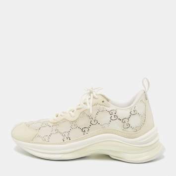 Pre Owned Gucci Cream Mesh and Suede Crystal Embellished Run Sneakers Size 36.5
