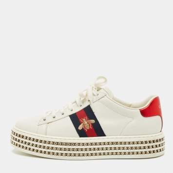 Pre Owned Gucci White Leather Embroidered Bee Crystal Embellished Platform New Ace Sneakers Size 38