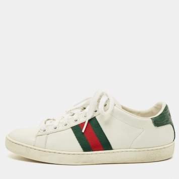 Pre Owned Gucci White Crocodile and Leather Ace Lace Up Sneakers Size 37