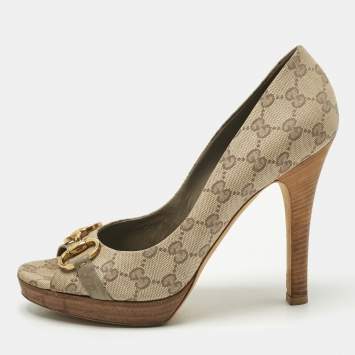 Pre Owned Gucci Beige GG Canvas And Leather Horsebit Peep Toe Pumps Size 41