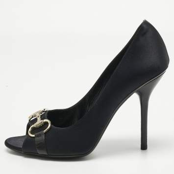 Pre Owned Gucci Black Satin Horsebit Peep Toe Pumps Size 39