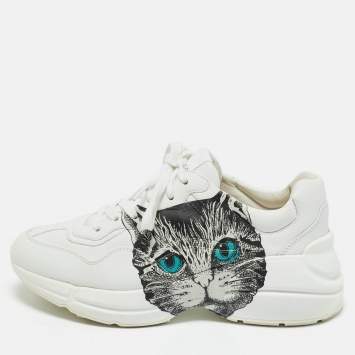Pre Owned Gucci White Leather Mystic Cat Rhyton Low Top Sneakers Size 36.5