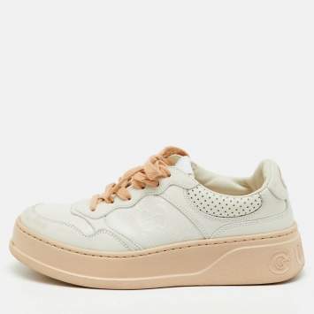 Pre Owned Gucci White/Beige Jumbo GG Embossed Leather Low Top Sneakers Size 37