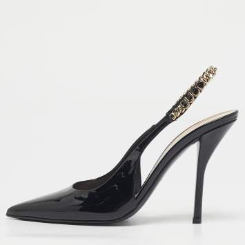 Pre Owned Gucci Black Patent Leather Signoria Chain Link Slingback Pumps Size 40