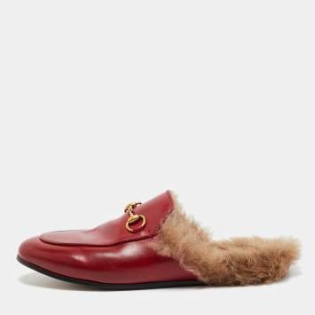 Pre Owned Gucci Red Leather and Fur Princetown Flat Mules Size 37.5