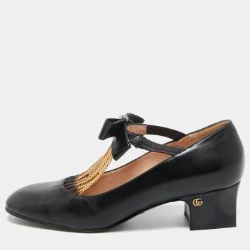 Pre Owned Gucci Black Leather Chain Embellished Mary Jane Pumps Size 39