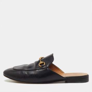Pre Owned Gucci Black Leather Princetown Horsebit Flat Mules Size 39.5