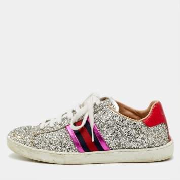 Pre Owned Gucci Silver Glitter And Leather Ace Low Top Sneakers Size 37