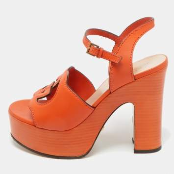 Pre Owned Gucci Orange Leather Interlocking G Platform Ankle Strap Sandals Size 38.5
