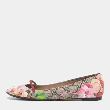 Pre Owned Gucci Multicolor GG Supreme Canvas Blooms  and Leather Ballet Flats Size 37