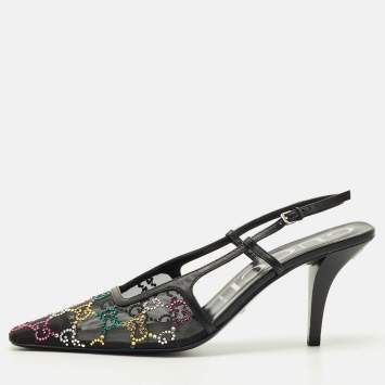 Pre Owned Gucci Multicolor GG Crystal Mesh and Leather Slingback Pumps Size 39