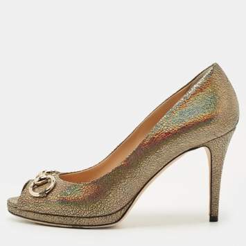 Pre Owned Gucci Multicolor Iridescent Leather Horsebit Peep Toe Pumps Size 39.5