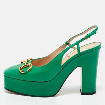 Pre Owned Gucci Green Leather Horsebit Platform Slingback Pumps Size 39