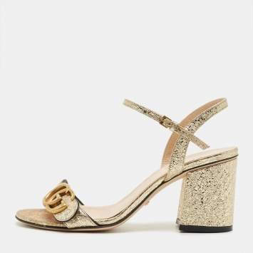 Pre Owned Gucci Gold Leather GG Marmont Ankle Strap Sandals Size 35.5