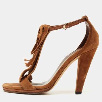 Pre Owned Gucci Brown Suede Fringe Bow Slingback Sandals Size 36