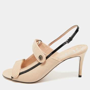 Pre Owned Gucci Black/Beige Perforated Leather Slingback Sandals Size 41
