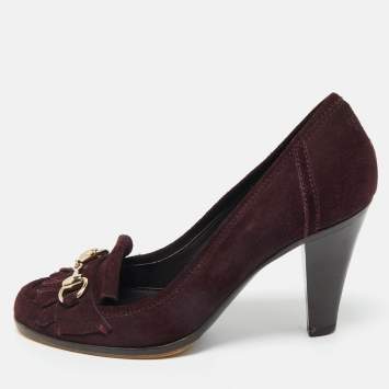 Pre Owned Gucci Purple Suede Horsebit Fringe Loafer Pumps Size 36.5