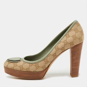 Pre Owned Gucci Beige/Light Green GG Canvas and Leather Babouska Platform Pumps Size 40.5