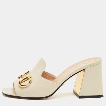 Pre Owned Gucci Off White Leather Horsebit Block Heel Slide Sandals Size 38