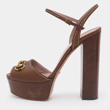 Pre Owned Gucci Brown Leather Claudie Peep Toe Platform Sandals Size 40