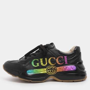 Pre Owned Gucci Black Leather Rhyton Rainbow Low Top Sneakers Size 39.5