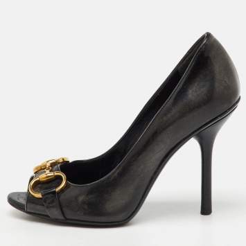 Pre Owned Gucci Black Leather Horsebit Peep Toe Pumps Size 35.5