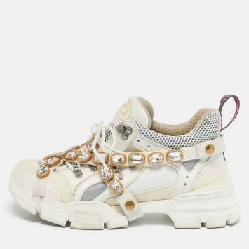 Pre Owned Gucci White Knit Fabric and Leather Flashtrek Lace Up Sneakers Size 40