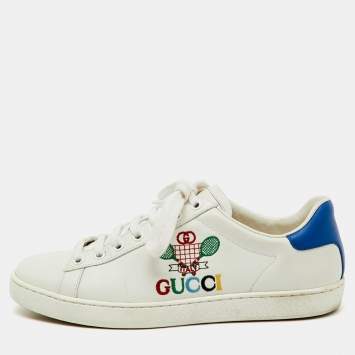 Pre Owned Gucci White/Blue Leather Ace Tennis Embroidered Low Top Sneakers Size 37.5