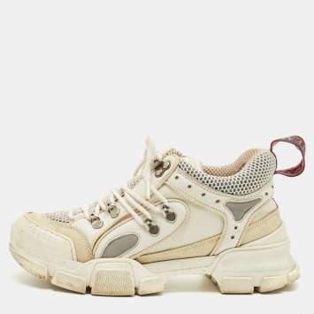 Pre Owned Gucci White Leather and Mesh Flashtrek Chunky Lace Up Sneakers Size 37